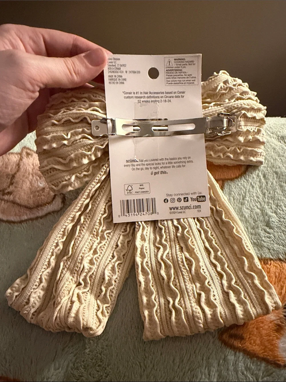 scunci Beige Lace Bow Barrette Hair Clip